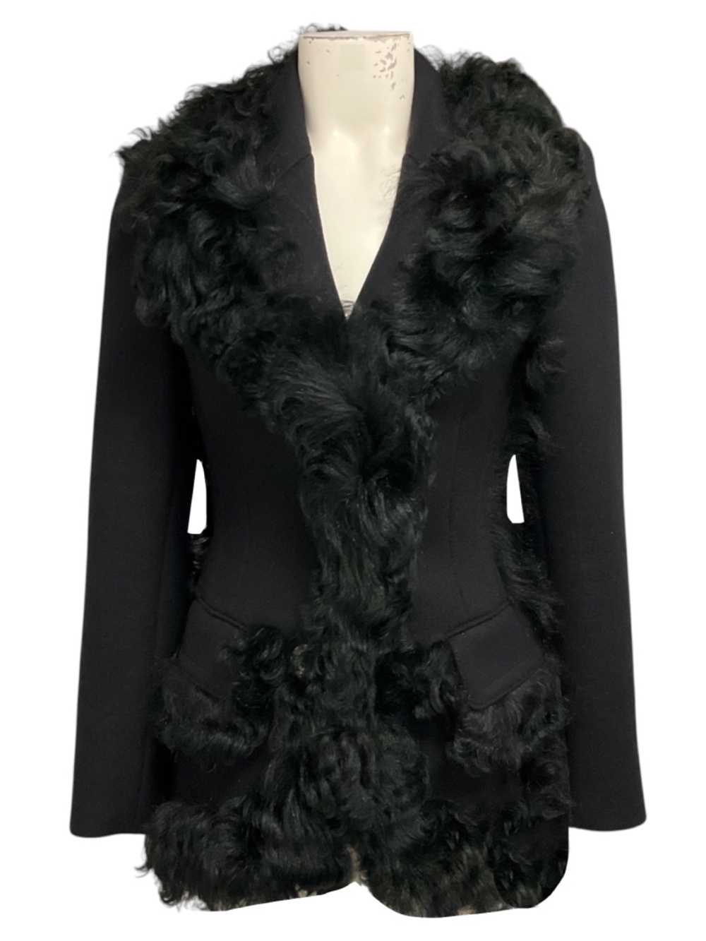 PRADA BLACK DOUBLE STRETCH WOOL GIACCA JACKET WITH FUR TRIM